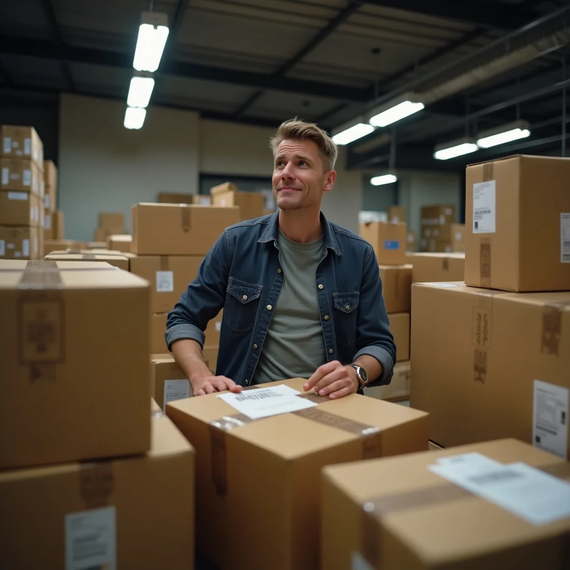 Small business owner struggling with fulfillment in a cluttered workspace.