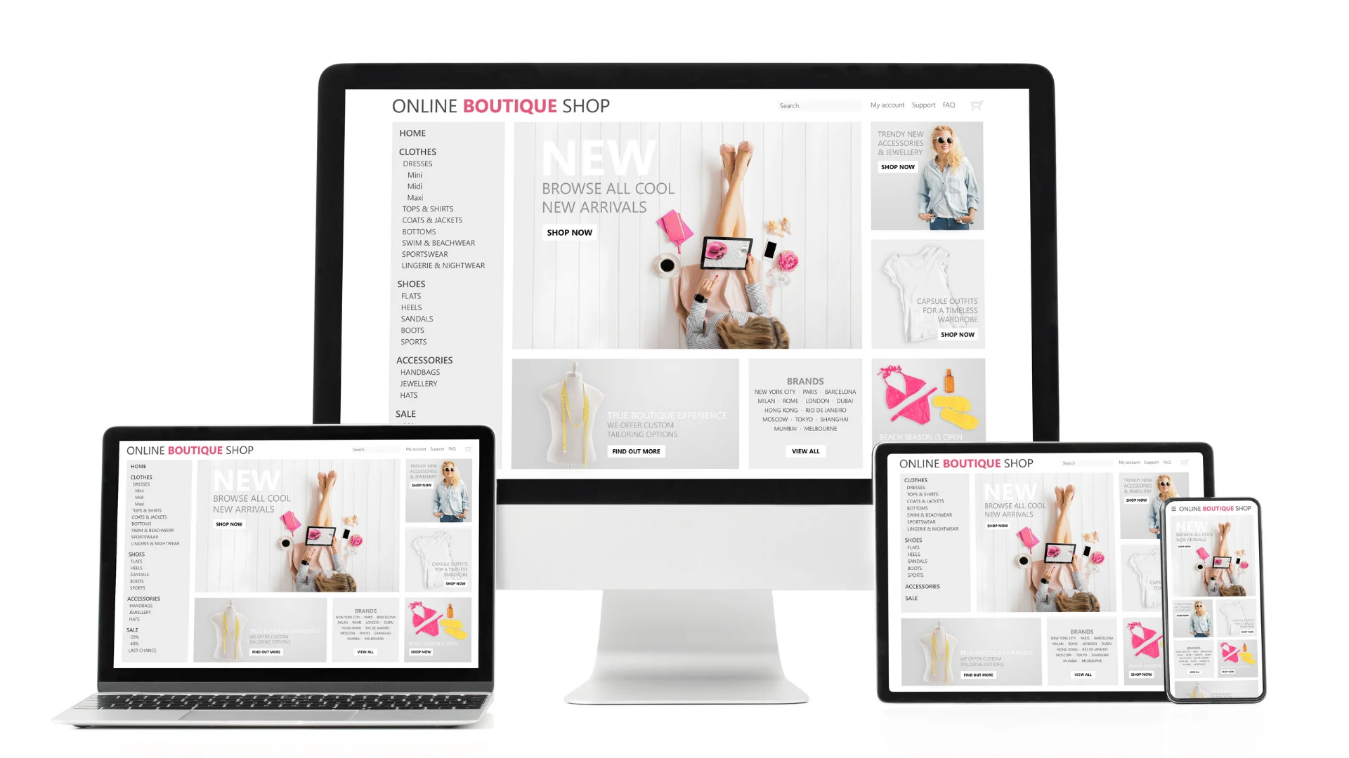 A responsive online store shown on various devices including a desktop, tablet, and phone.